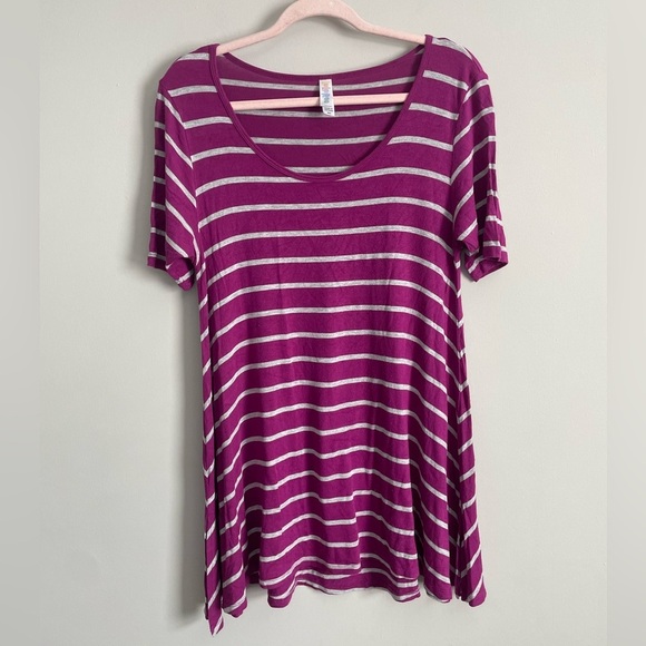 Bright Purple and Gray Striped Lularoe Perfect T-Shirt - Picture 1 of 7